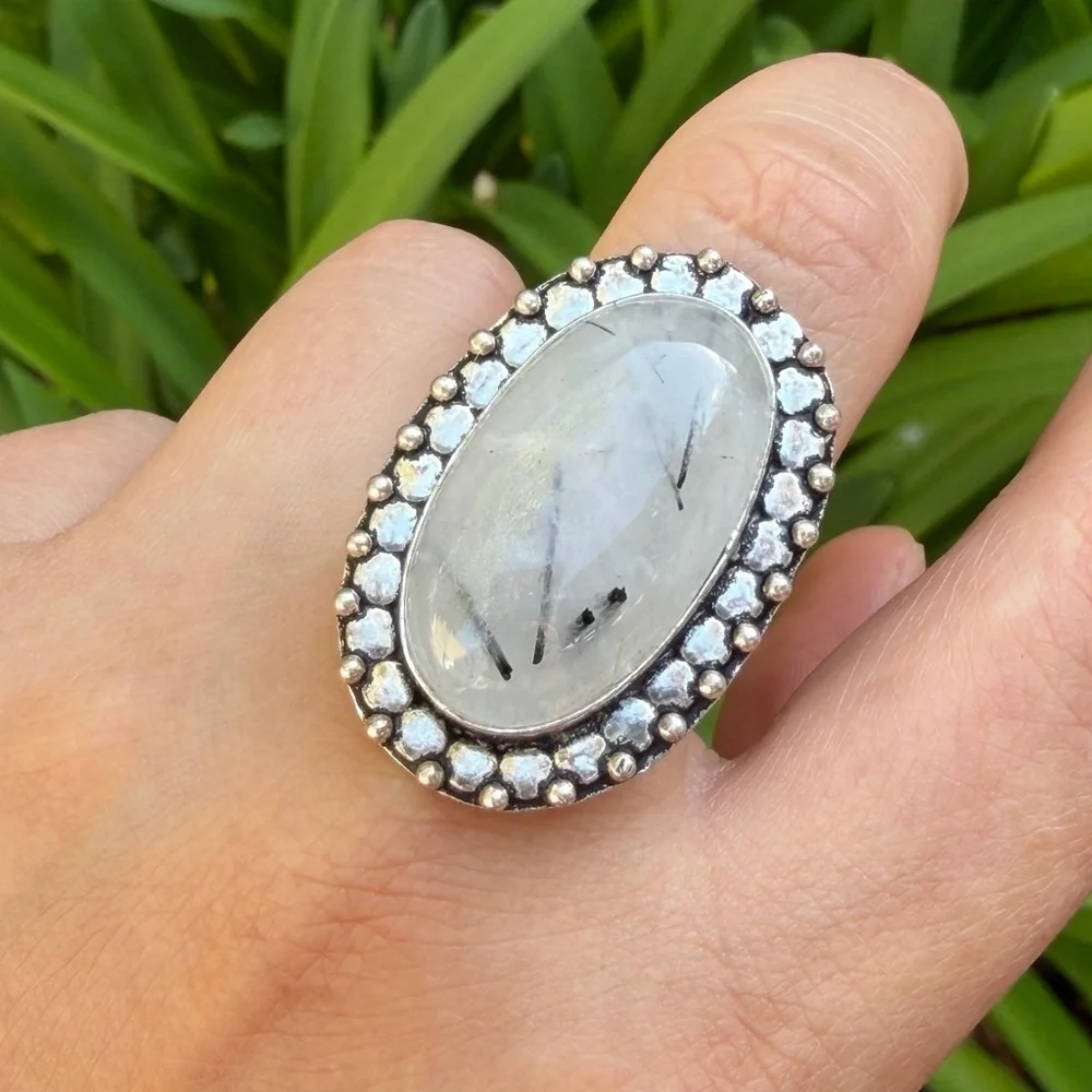 SIZE 7.25 925 silver plated black rutile quartz‎ ring 0376